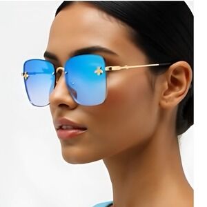 Sunglasses Women Rectangular Frame Blue Mirror Lens Fashion Sun Glasses‎ Female